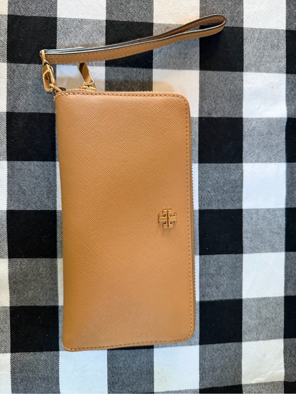 Tory Burch Metallic Tan Leather Wristlet with Gold Logo Interior